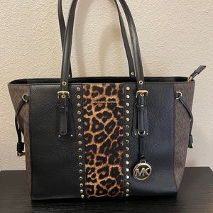 Michael Kors Black Brown Leopard Print Leather Shoulder Bag